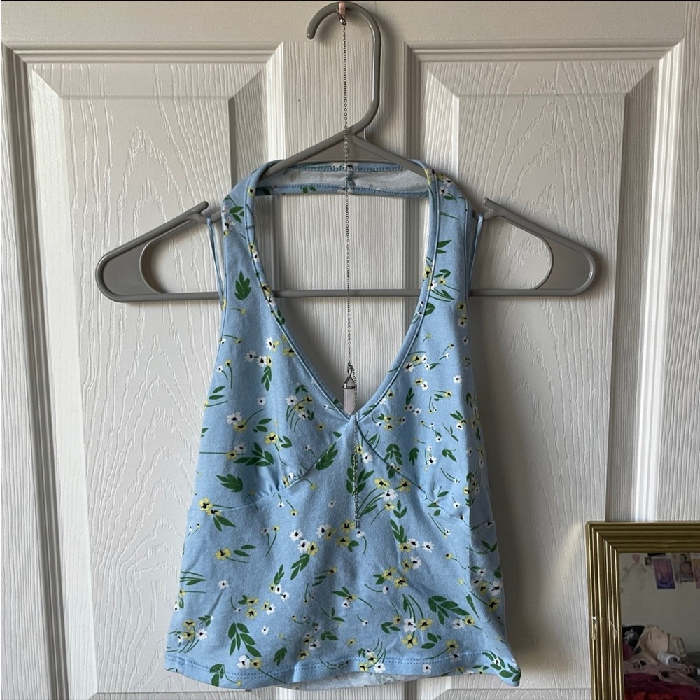 Cute Light Blue Floral Halter Top - S